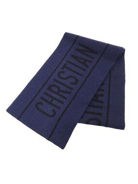 Dior Wool Cashmere Logo Knit Scarf Navy